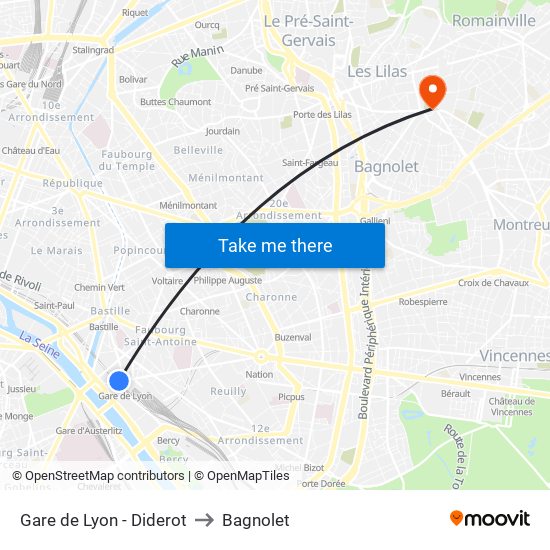 Gare de Lyon - Diderot to Bagnolet map