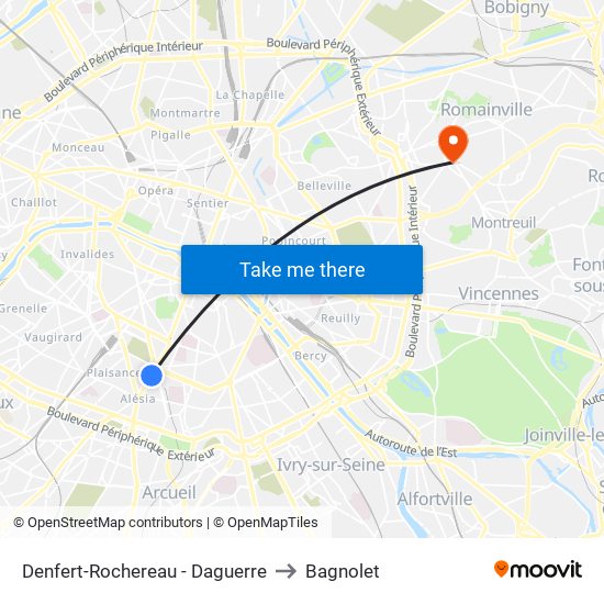 Denfert-Rochereau - Daguerre to Bagnolet map