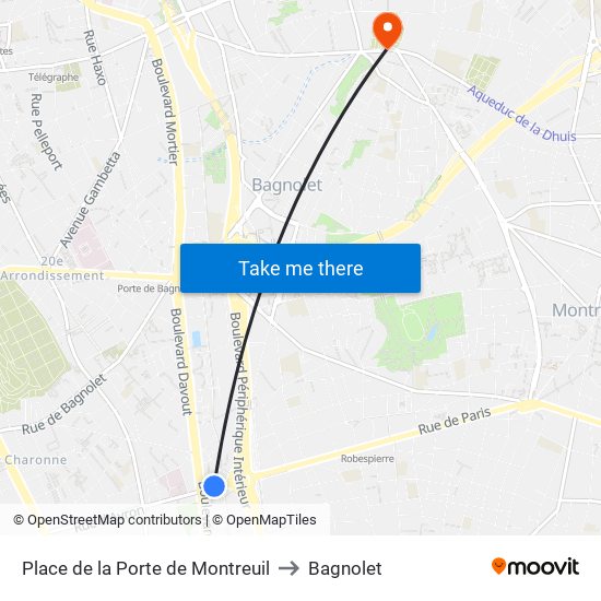 Place de la Porte de Montreuil to Bagnolet map