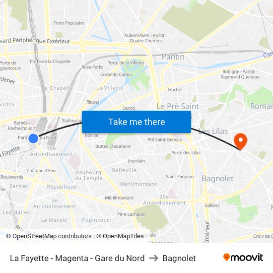 La Fayette - Magenta - Gare du Nord to Bagnolet map