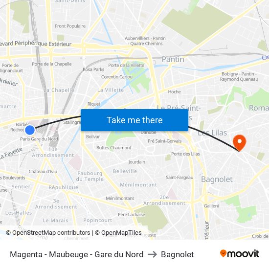 Magenta - Maubeuge - Gare du Nord to Bagnolet map