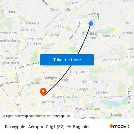 Roissypole - Aéroport Cdg1 (E2) to Bagnolet map