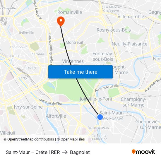 Saint-Maur – Créteil RER to Bagnolet map
