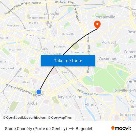Stade Charléty (Porte de Gentilly) to Bagnolet map