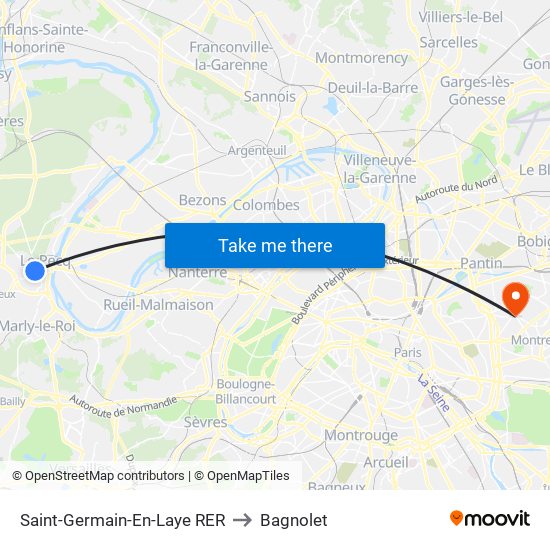 Saint-Germain-En-Laye RER to Bagnolet map