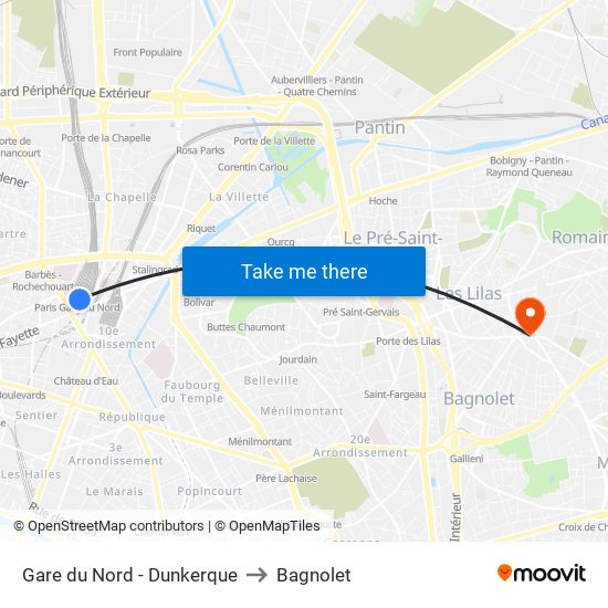Gare du Nord - Dunkerque to Bagnolet map