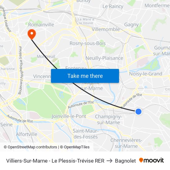 Villiers-Sur-Marne - Le Plessis-Trévise RER to Bagnolet map