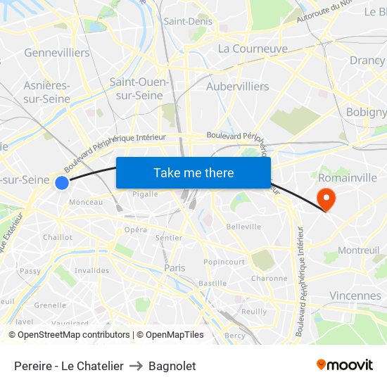 Pereire - Le Chatelier to Bagnolet map