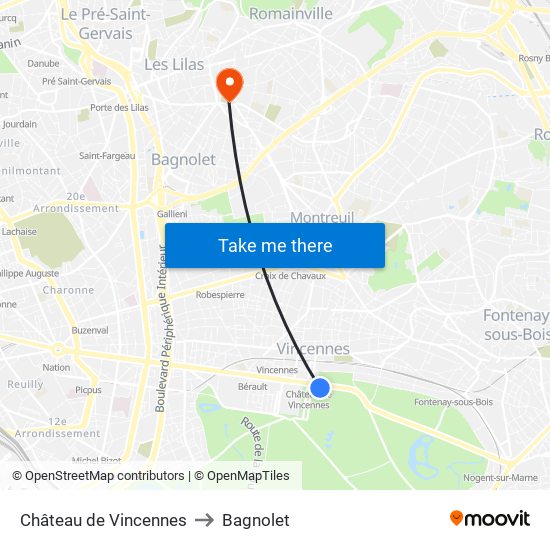 Château de Vincennes to Bagnolet map