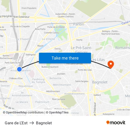 Gare de L'Est to Bagnolet map