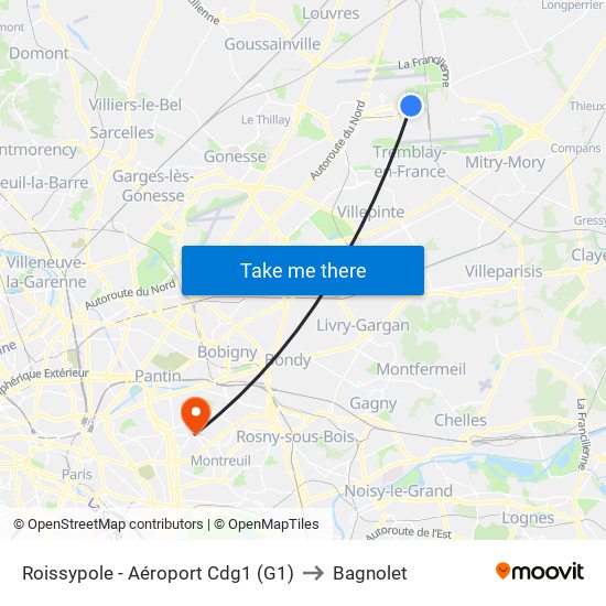 Roissypole - Aéroport Cdg1 (G1) to Bagnolet map