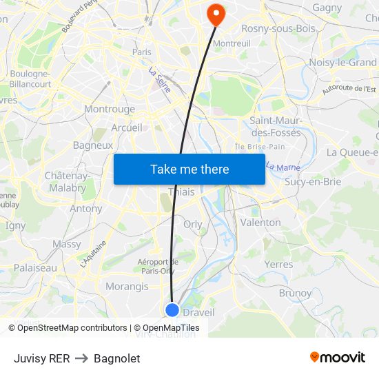 Juvisy RER to Bagnolet map