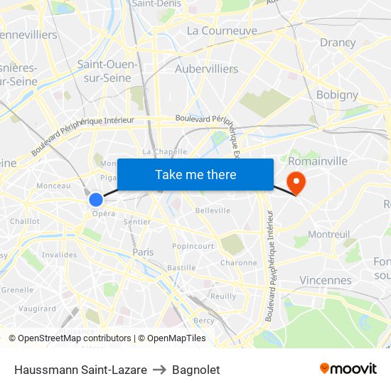 Haussmann Saint-Lazare to Bagnolet map