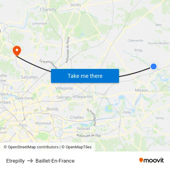 Etrepilly to Baillet-En-France map