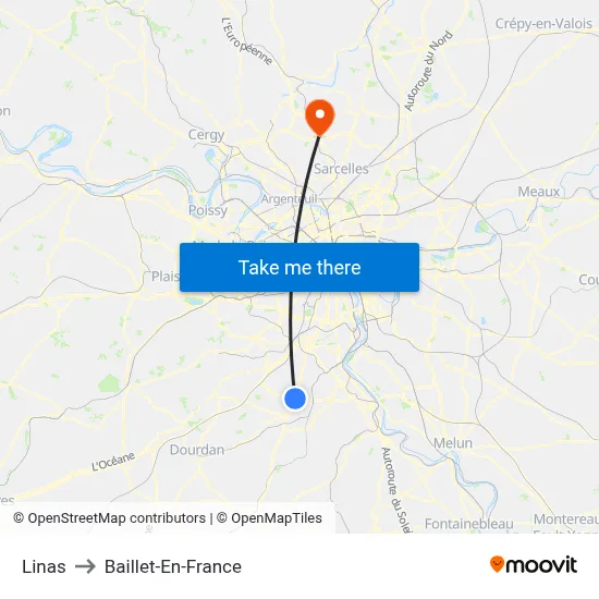 Linas to Baillet-En-France map