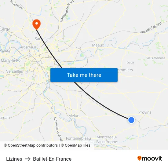 Lizines to Baillet-En-France map