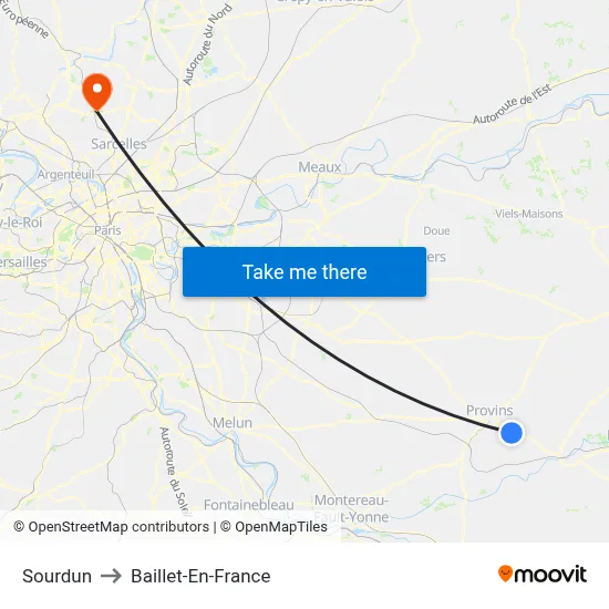 Sourdun to Baillet-En-France map