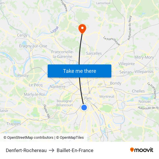 Denfert-Rochereau to Baillet-En-France map