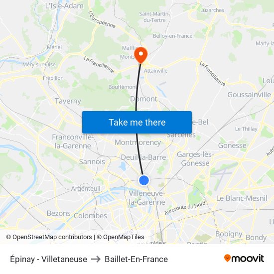 Épinay - Villetaneuse to Baillet-En-France map