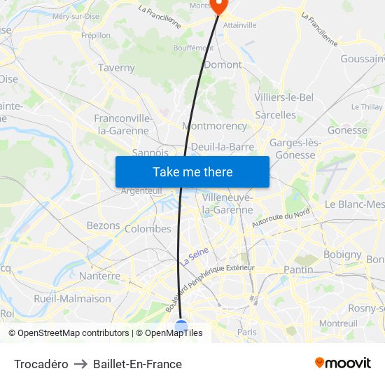 Trocadéro to Baillet-En-France map