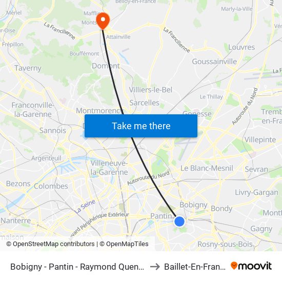 Bobigny - Pantin - Raymond Queneau to Baillet-En-France map