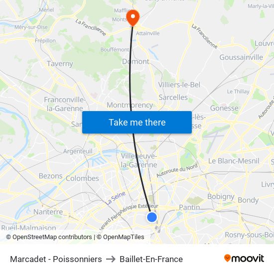 Marcadet - Poissonniers to Baillet-En-France map