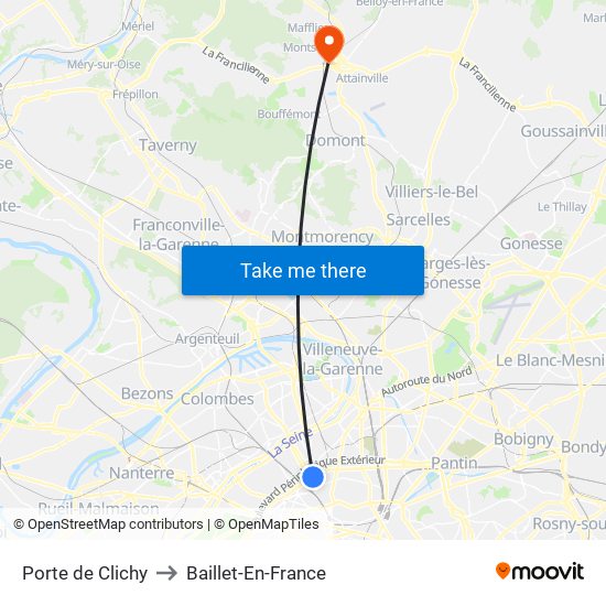 Porte de Clichy to Baillet-En-France map