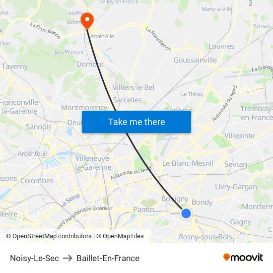 Noisy-Le-Sec to Baillet-En-France map