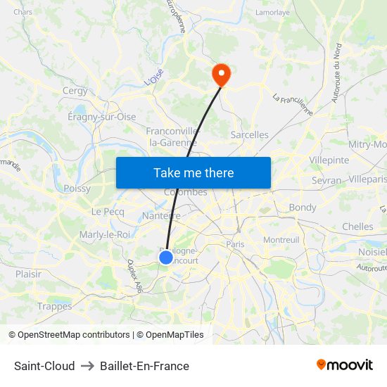 Saint-Cloud to Baillet-En-France map