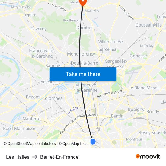 Les Halles to Baillet-En-France map