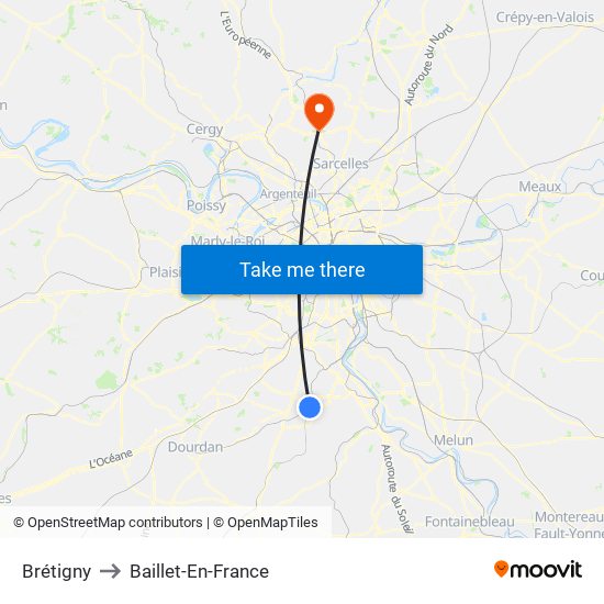 Brétigny to Baillet-En-France map
