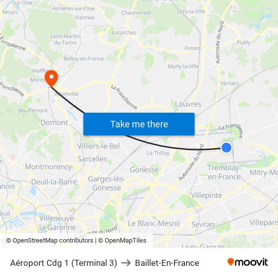 Aéroport Cdg 1 (Terminal 3) to Baillet-En-France map