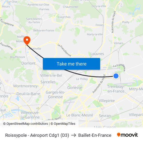 Roissypole - Aéroport Cdg1 (D3) to Baillet-En-France map