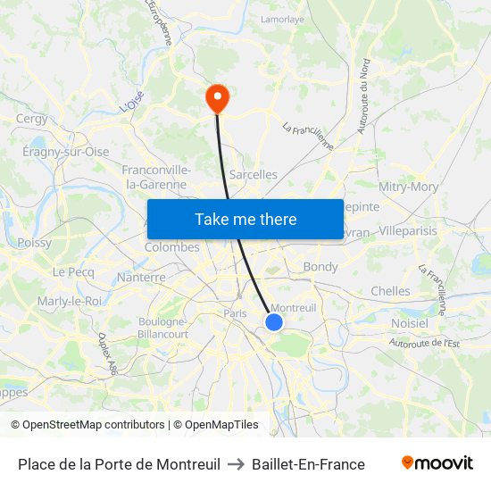 Place de la Porte de Montreuil to Baillet-En-France map