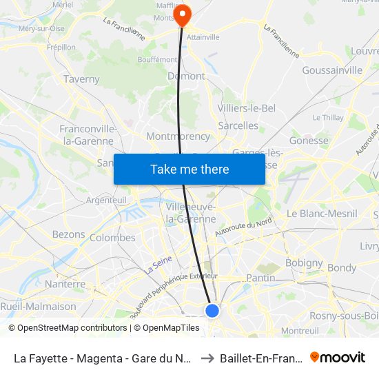 La Fayette - Magenta - Gare du Nord to Baillet-En-France map