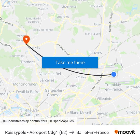 Roissypole - Aéroport Cdg1 (E2) to Baillet-En-France map