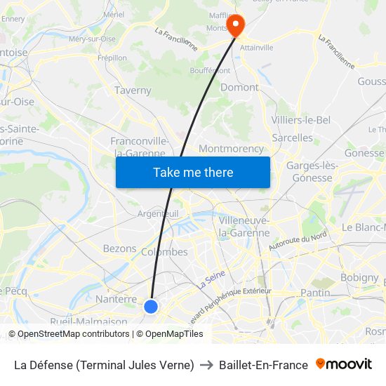 La Défense (Terminal Jules Verne) to Baillet-En-France map