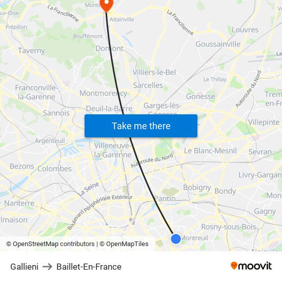 Gallieni to Baillet-En-France map