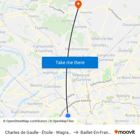 Charles de Gaulle - Étoile - Wagram to Baillet-En-France map
