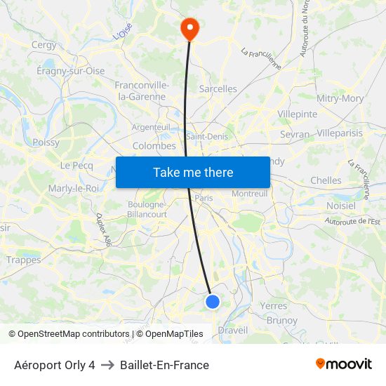 Aéroport Orly 4 to Baillet-En-France map