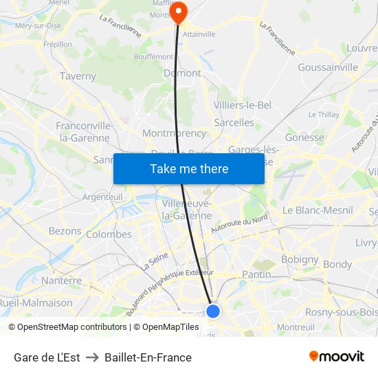 Gare de L'Est to Baillet-En-France map