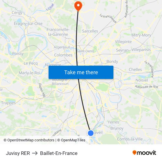 Juvisy RER to Baillet-En-France map