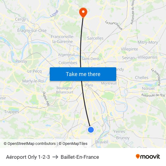 Aéroport Orly 1-2-3 to Baillet-En-France map