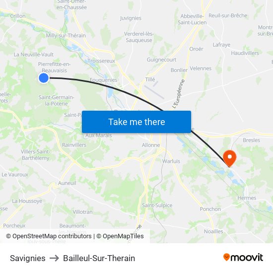 Savignies to Bailleul-Sur-Therain map