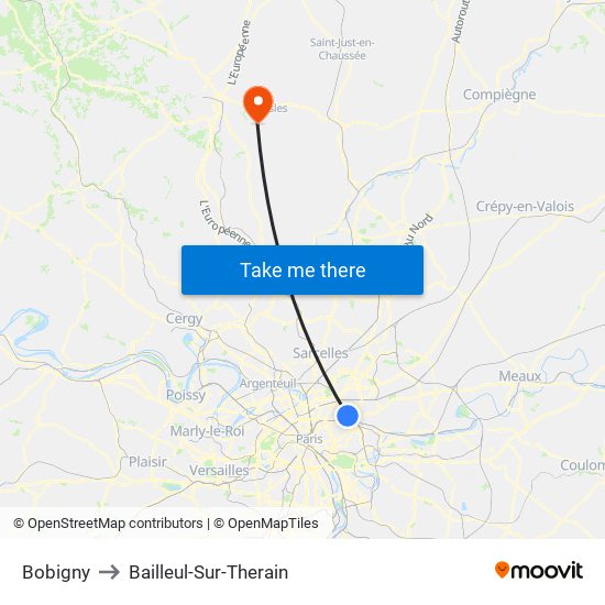 Bobigny to Bailleul-Sur-Therain map