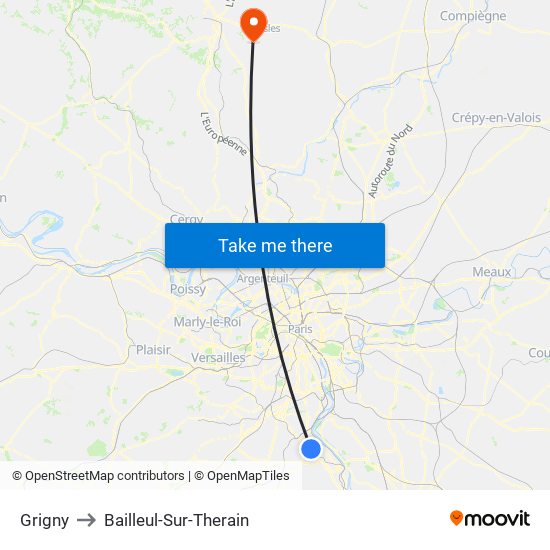 Grigny to Bailleul-Sur-Therain map