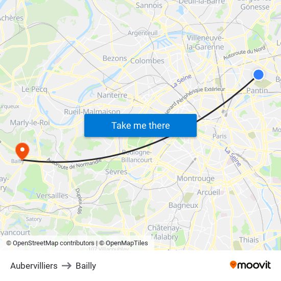 Aubervilliers to Bailly map