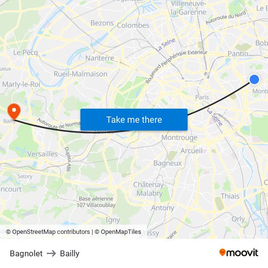 Bagnolet to Bailly map