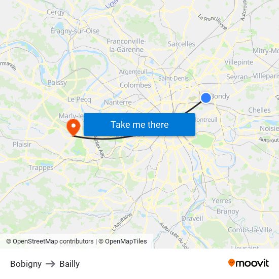 Bobigny to Bailly map