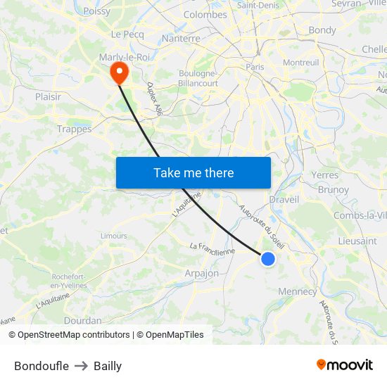 Bondoufle to Bailly map